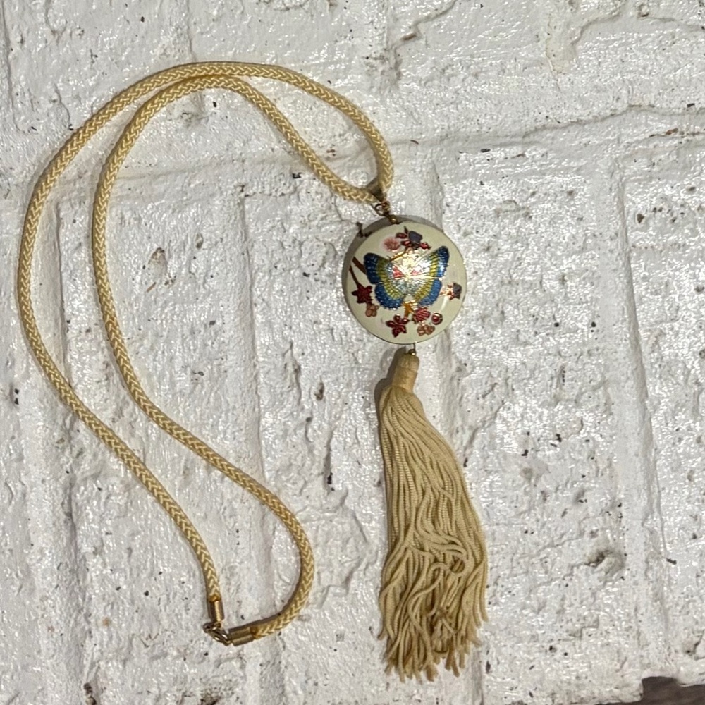 Painted Butterfly Tassel Necklace - Cream and Multicolor - Picture 2 of 3